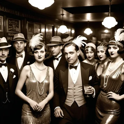 Prompt: Create a detailed and vibrant image of people enjoying themselves in a speakeasy from the 1920s. The scene should capture the clandestine yet lively atmosphere of an underground club during Prohibition. Patrons should be dressed in stylish 1920s fashion: men in well-tailored suits and fedoras, and women in elegant flapper dresses with fringe, sequins, and accessories like feathered headbands and long pearl necklaces. The setting should include elements such as dim lighting, art deco decor, and a jazz band playing lively music. People should be seen dancing, laughing, and socializing, with bartenders discreetly serving drinks. The overall mood should be one of joy, excitement, and a sense of rebellion, showcasing the vibrant social life of the speakeasy culture.
