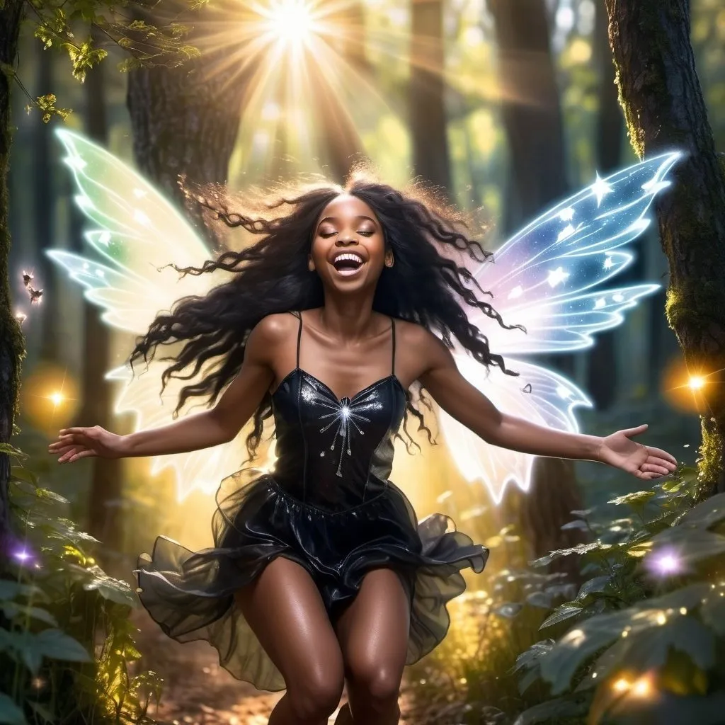 Prompt: Glistening black female fairy with long hair in a mystical forest around sunlight treating the sick gathering gifts laughing friends puppies jumping