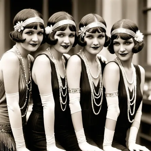 Prompt: Create a vibrant and lively image of a group of flappers from the 1920s. The scene should capture the essence of the Roaring Twenties, with the women dressed in glamorous flapper dresses adorned with fringe, sequins, and intricate beadwork. They should be wearing stylish accessories such as feathered headbands, long pearl necklaces, and elegant gloves. The setting can be a lively jazz club or a lavish art deco ballroom, with an atmosphere of celebration and exuberance. The overall mood should be one of joy and liberation, showcasing the flappers' spirited personalities and the dynamic social culture of the 1920s.