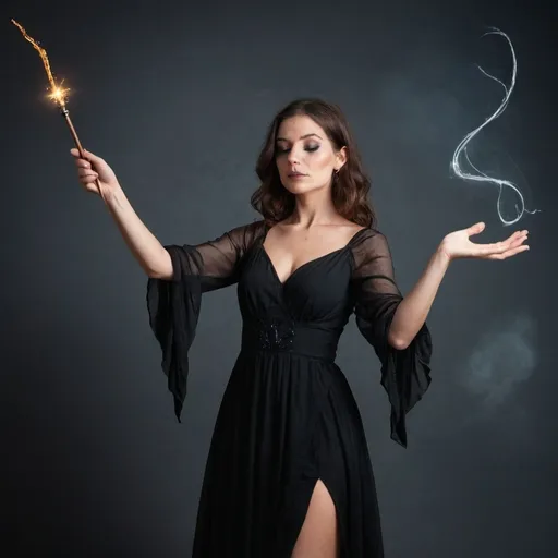 Prompt: Woman in a black dress casting a spell with her magic wand