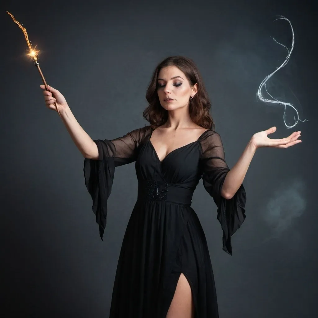 Prompt: Woman in a black dress casting a spell with her magic wand