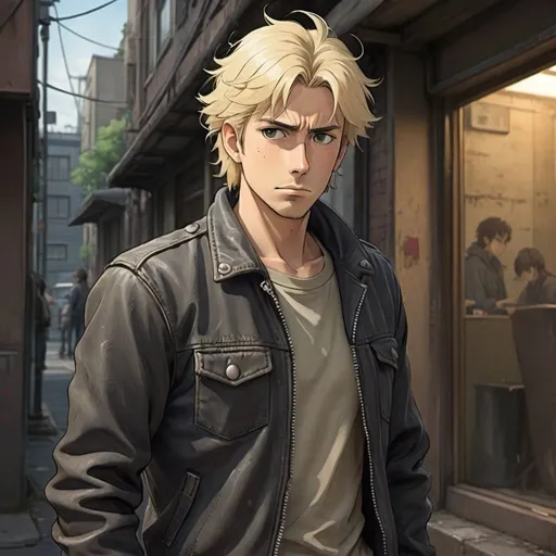 Prompt: Studio Ghibli 2D anime style. Create a full-body portrait of Michael, a character in his mid-30s. He is depicted as a rugged yet stylish man with tousled blonde hair and confident posture. He is wearing a leather jacket over a casual t-shirt, paired with dark jeans and combat boots. Michael's expression should be focused and determined, suggesting his role as a skilled driver in a dystopian setting. His surroundings are urban and slightly worn-down, reflecting the gritty environment he navigates daily.