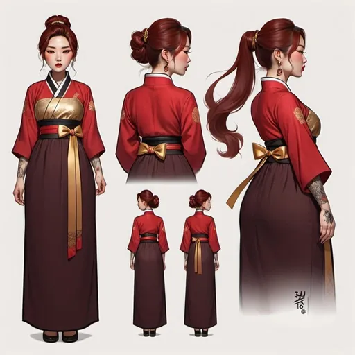 Prompt: Character design sheet classy Korean curvy woman, medium length dark brown and red hair, a red Hanbok dress with gold accents, tattoos