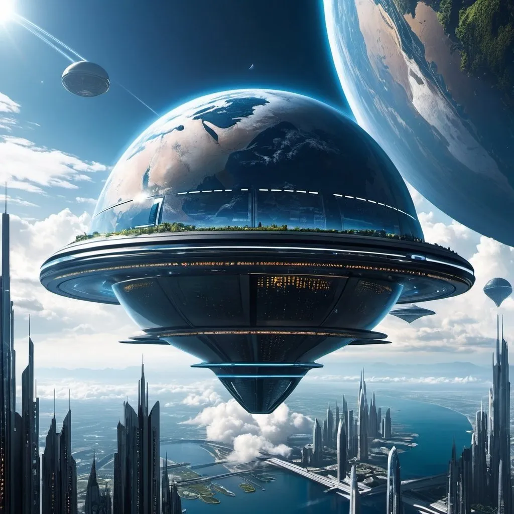 Prompt: A city above earth floating in futuristic sci-fi buildings floating above a dying earth and defies gravity 