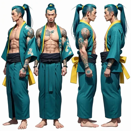Prompt: Character design sheet Japanese man, long blue-teal ponytail, yukata with yellow accents, tattoos, muscular