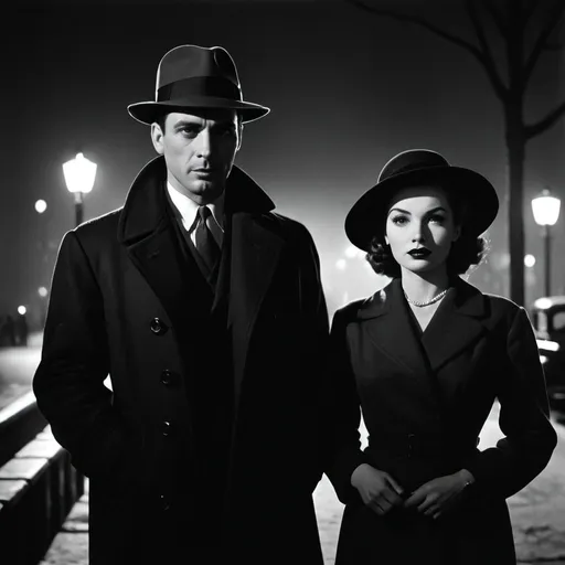 Prompt: dim, night film noir photography, two Detectives, one male one female, 1950s, city background, black coat and hat, shadows