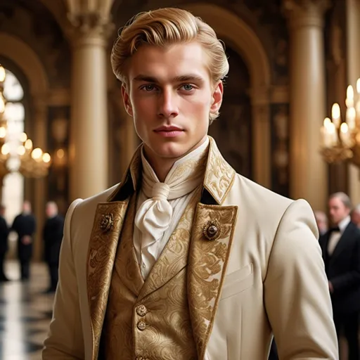 Prompt: "A man in his late twenties with striking blonde hair and light brown eyes that shimmer with a golden hue. He has a sharp, regal face and an air of authority. Known as the 'Golden Duke,' he is tall and lean, exuding confidence and refinement. Dressed in a tailored noble coat with intricate detailing, he stands in a grand hall, his demeanor poised yet guarded, hinting at a troubled past beneath his polished exterior."