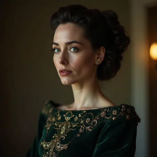 Prompt: A woman in her late 30s to early 40s, with elegant yet sharp features and a hint of faded beauty. Her skin is fair, with fine lines etched around her eyes and mouth from years of bitterness. She has striking dark brown hair, styled in an elaborate updo that hints at her once-proud station. Her piercing green eyes, once full of cunning ambition, now seem shadowed and weary. She wears a richly embroidered but slightly worn gown in dark, regal colors—deep emerald green and black velvet—adorned with subtle gold embroidery, suggesting a woman clinging to her past grandeur even as it fades.
In a dimly lit noble ballroom.