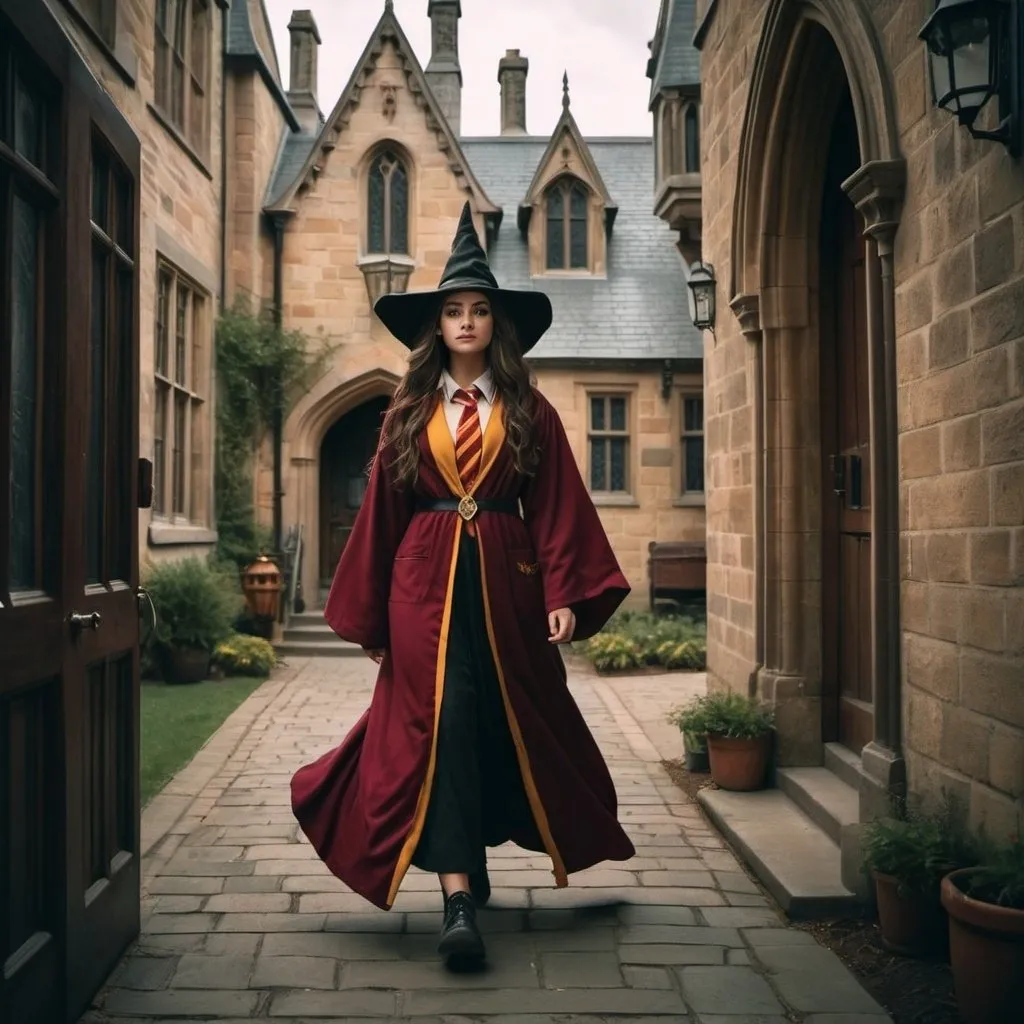 Prompt: A beautiful Hogwarts witch wearing her Hogwarts robes, walking to her Gryffindor dorm room. 