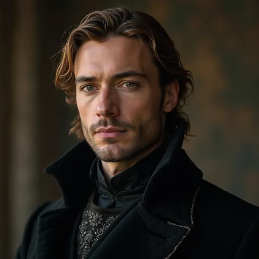Prompt: A man in his mid-thirties, tall and broad-shouldered with the poised bearing of both a noble and a knight. His hair is a rich, dark gold, worn slightly longer and swept back from his face, with a few strands brushing his forehead in a way that only adds to his quiet magnetism. His eyes are a deep, steel grey—intelligent, watchful, and smoldering with a quiet intensity that seems to see straight to the soul.

His features are strong and refined, with a sharply carved jawline, high cheekbones, and a straight nose that hints at both noble lineage and a life lived with purpose. There’s a faint scar along the edge of his jaw, a mark of past battles, and his mouth is often curved in a faint, knowing smile—one that suggests he holds secrets and promises only for the woman who will stand beside him.

He wears a finely tailored dark coat that speaks of wealth and impeccable taste, the rich fabric embroidered subtly in silver at the collar and cuffs. His posture is proud but relaxed, a man who commands every room he enters without a word. Beneath the layers of elegance, there’s an air of a man forged by both duty and desire—someone who is both a protector and a conqueror.
In a dimly lit noble ballroom.