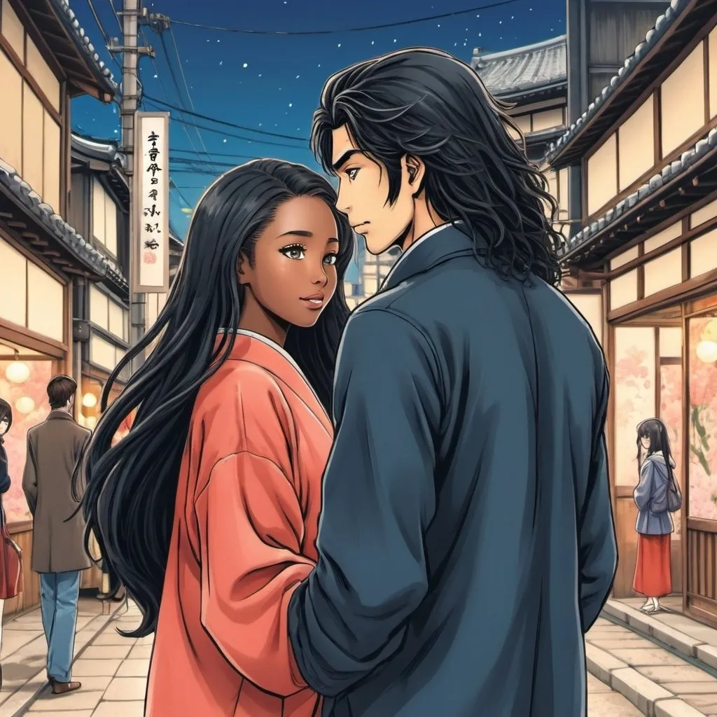 Prompt: Japanese romance manga, city landscape background, a beautiful black woman with long hair meets her Japanese boyfriend, Japanese manga art style.