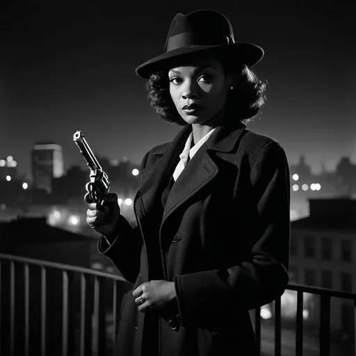 Prompt: dim, night film noir photography, black female Detective, 1950s, holding revolver, city background, black coat and hat, shadows