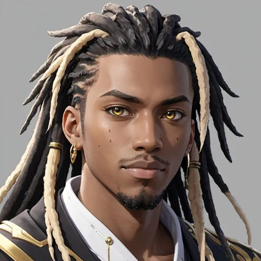 Prompt: Genshin Impact Black athletic black male, and golden eyes, with long dreads