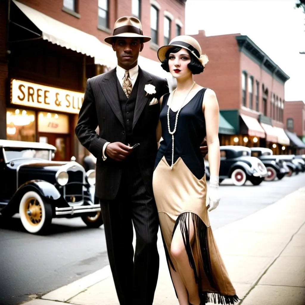Prompt: "Create an image of an interracial couple from the 1920s. The couple should be standing together in a vintage 1920s setting, such as a city street or a jazz club. The woman should be Black, wearing a stylish flapper dress with fringe, a cloche hat, and T-strap shoes. The man should be White, dressed in a sharp, dark suit, a fedora hat, and polished shoes. The background should feature period-appropriate details such as vintage cars, street lamps, and signage. The overall style should reflect the fashion and atmosphere of the 1920s, with sepia tones or a slightly faded color palette to give the image an authentic vintage look."

Style: Vintage, 1920s
Color Palette: Sepia tones or faded colors
Setting: City street or jazz club
Outfits: Period-specific fashion (flapper dress for the woman, sharp suit for the man)
Details: Vintage cars, street lamps, signage