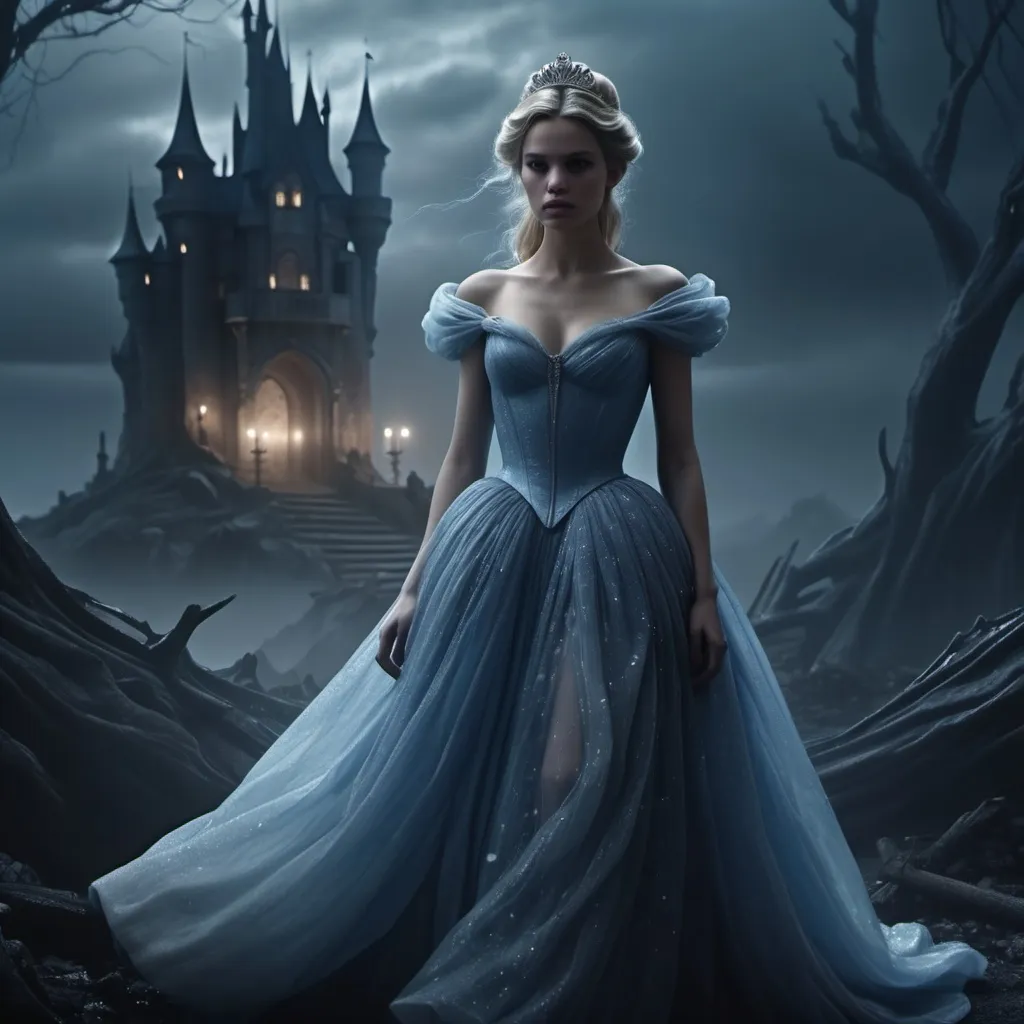 Prompt: (Cinderella, corrupted) dark and brooding aesthetics, fierce and menacing expression, dramatic, fallen princess theme, haunting background showcasing a ravaged landscape, shadowy figures lurking, ethereal mist swirling around, cold and eerie atmosphere, sophisticated detailing, powerful stance, cinematic lighting highlighting her dark transformation, ultra-detailed, 4K resolution.