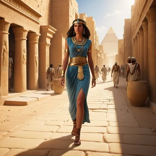 Prompt: Tall young woman walking down the high street, detailed clothing, realistic, natural lighting in the Pharaonic era