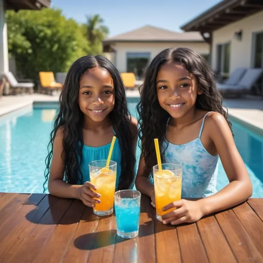 Prompt: Two 10-year-old Black sisters with long wavy black hair having a drink at a table, full body, realistic lighting, ultra-detailed, 8k ultra HD, sunny, vibrant colors, poolside, realistic water reflections, bright and clear, leisurely atmosphere, summer vibes, detailed facial expressions