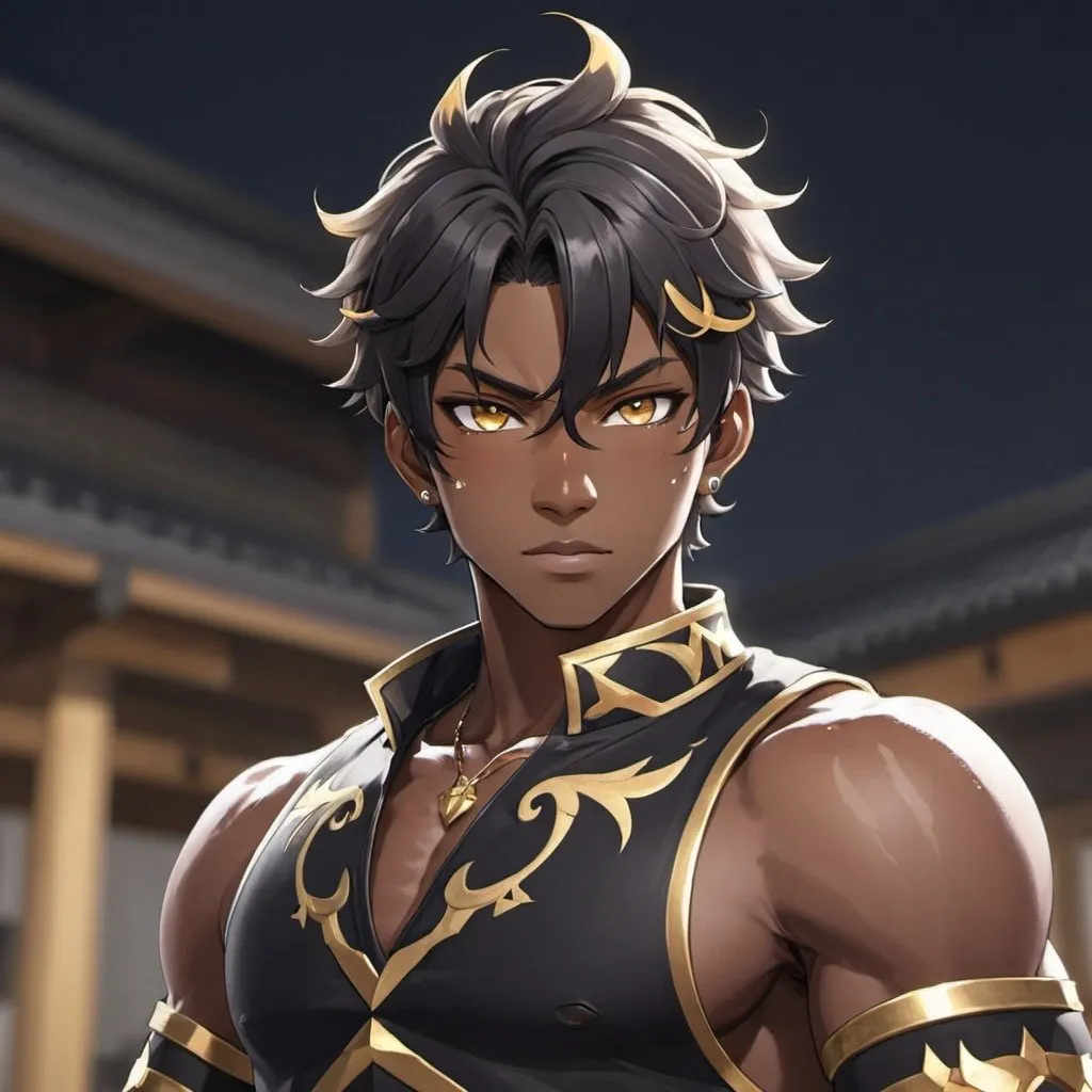 Prompt: Genshin Impact Black athletic black male, and golden eyes