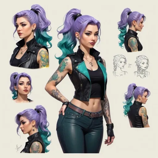 Prompt: Character design sheet woman lavender-teal ponytail, wavy hair, black leather vest with yellow accents, tattoos