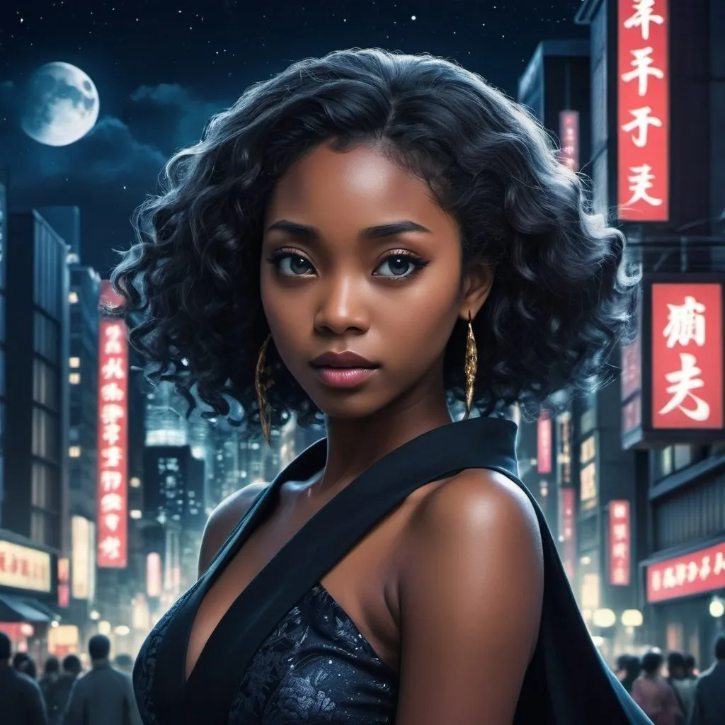 Prompt: A romantic fantasy movie poster, night city background, a beautiful black woman, Japanese manga style.