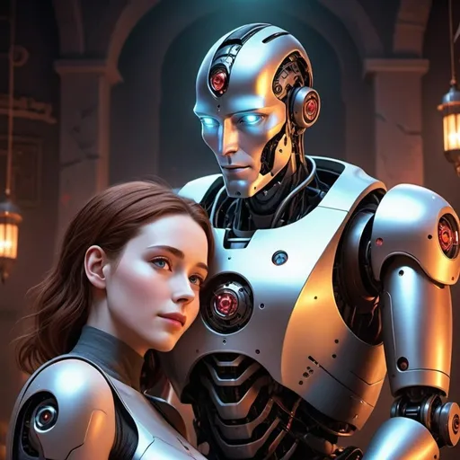 Prompt: A romantic movie poster, a relaxing background, an AI robot falls in love with a human man, Baldur's Gate 3 style