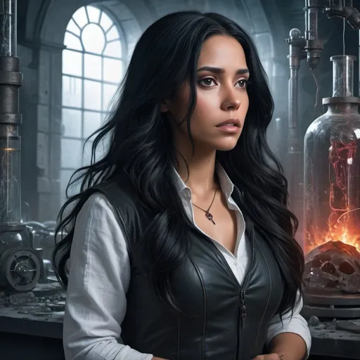 Prompt: A fantasy movie poster, abandoned laboratory background, Latina woman with long wavy black hair, Baldur's Gate 3 style, AI woman who is heartbroken to discover her "creator's lab" destroyed.