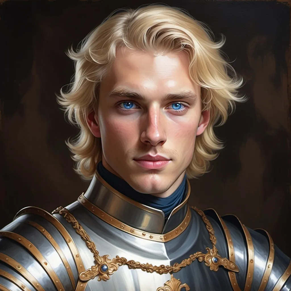 Prompt: A handsome blonde hair blue eyed male knight living in the Elizabethan age; painting portrait style