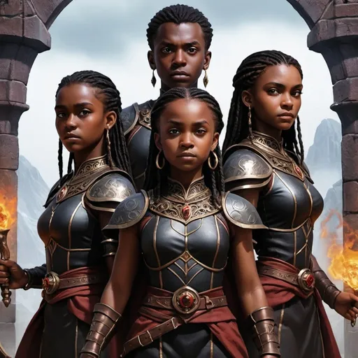 Prompt: A fantasy movie poster, a world similar to Narania background, Four black siblings ready to save the world, Baldur's Gate 3 style.