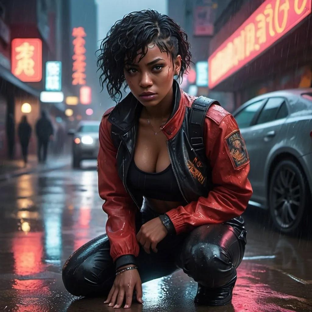 Prompt: A gritty, hyper realistic scene featuring a fierce, confident black female character kneeling in the middle of a rain-soaked, neon-lit street. Her short, tousled curly hair is wet and partially obscures her face, with strands clinging to her forehead. She wears a red leather jacket over a black, form-fitting outfit, accentuating her athletic build. The jacket is open, revealing a tactical harness and straps, with visible wrinkles and rain droplets. Her expression is determined and focused, looking off to the side as she aims a futuristic, glowing pistol that emits a bright, fiery beam. Her other hand holds a traditional handgun, ready for action. The character's skin is exposed on her arms and thighs, with intricate tattoos visible. The background showcases a bustling cityscape with colorful neon signs in a foreign script, blurred car headlights, and reflections on the wet pavement. The atmosphere is dark and intense, with heavy rain adding a dynamic, dramatic effect to the scene. The image is shot with high contrast and muted tones, enhancing the edgy and mysterious vibe.