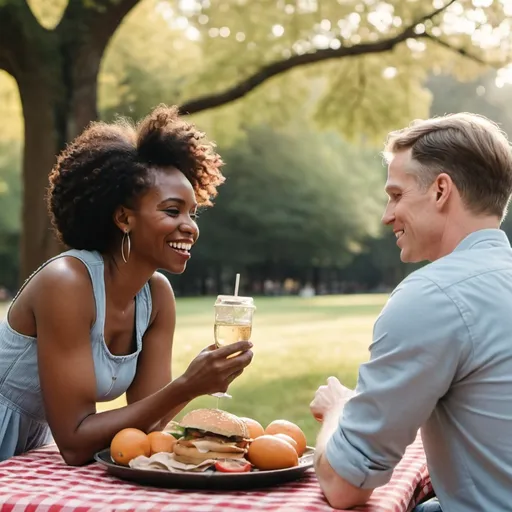 Prompt: a white man on a date with a black woman, talking with each other, looking at each other; picnic date