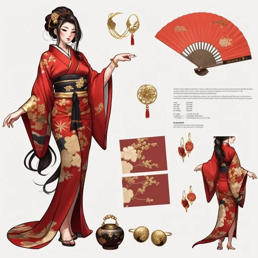 Prompt: Character design sheet classy Japanese curvy woman, long dark brown hair with gold accessories, a red Kimono with gold accents, red and gold fan, tattoos