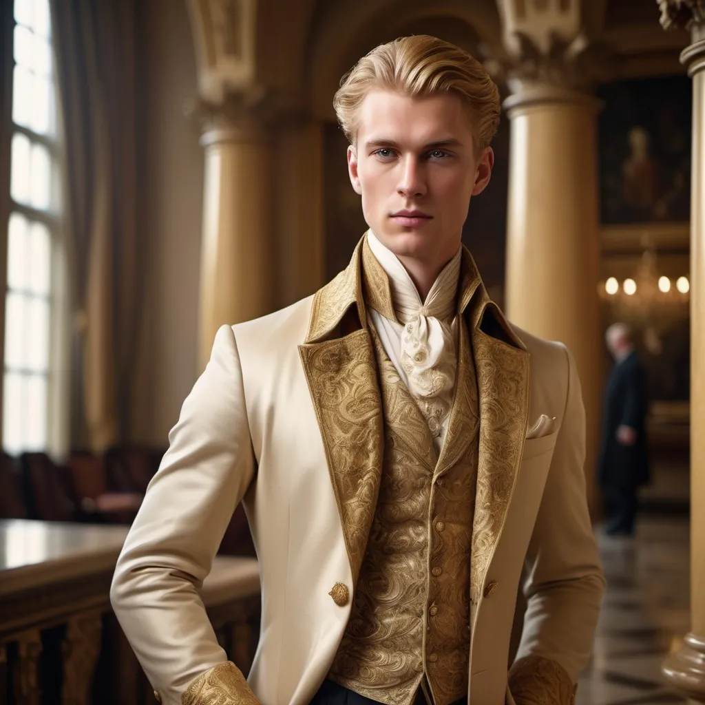 Prompt: "A man in his late twenties with striking blonde hair and light brown eyes that shimmer with a golden hue. He has a sharp, regal face and an air of authority. Known as the 'Golden Duke,' he is tall and lean, exuding confidence and refinement. Dressed in a tailored noble coat with intricate detailing, he stands in a grand hall, his demeanor poised yet guarded, hinting at a troubled past beneath his polished exterior."