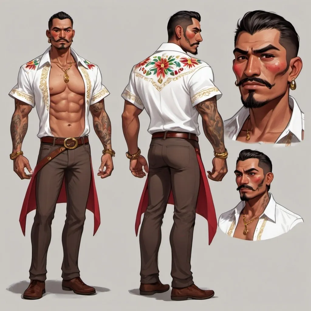 Prompt: Character design sheet Mexican man, medium length brown and red tips, open shirt with gold accents, tattoos, muscular