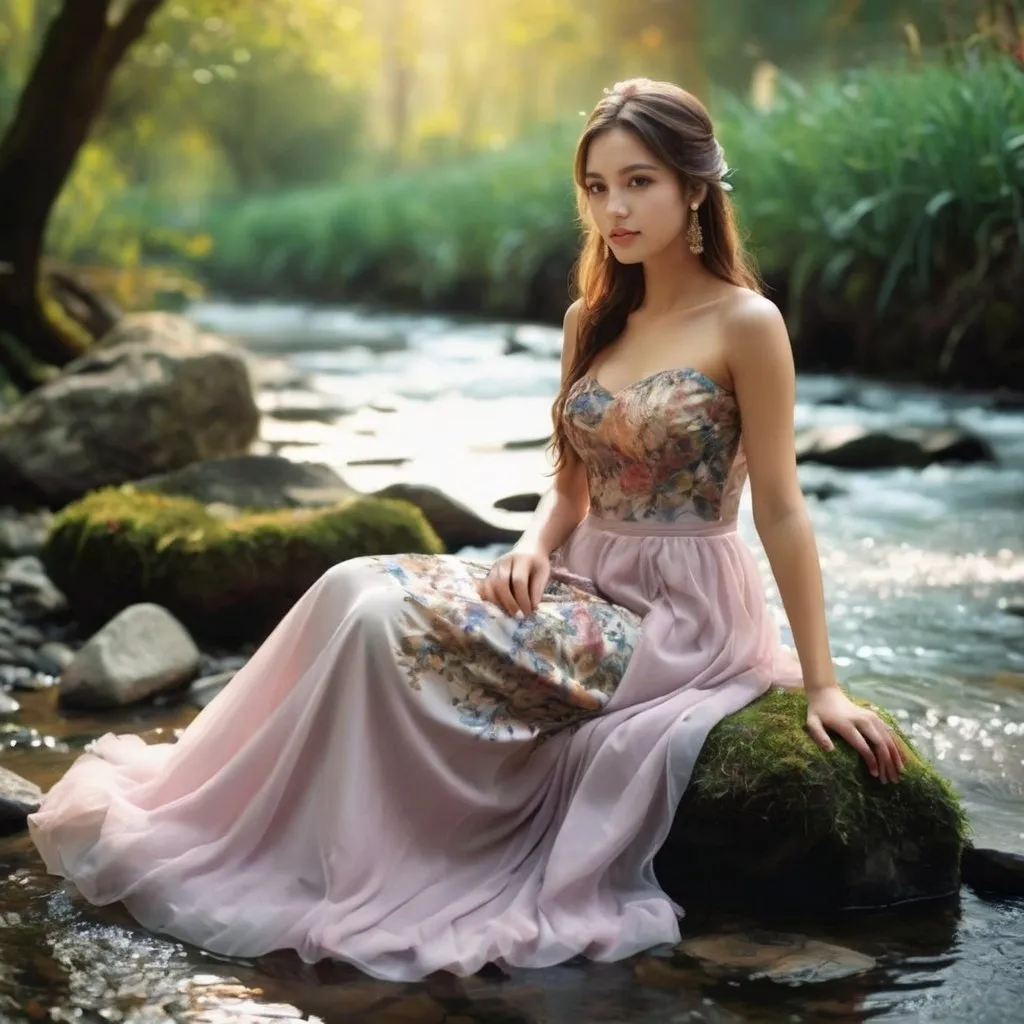 Prompt: Create an image of a beautiful girl sitting along stream wearing full dress