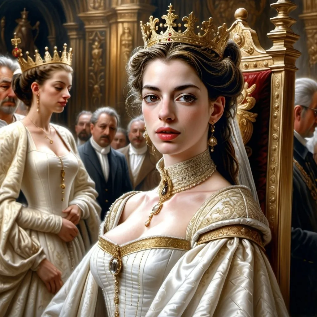 Prompt: Hyper-realistic painting by Serge Marshennikov, Luis Royo, Karol Bak:: mature Anne Hathaway, wearing a Elizabethan queenly white dress with gold trim, and a gold queen, she is walking through the Elizabethan throne room as everyone looks on in envy:: 8k resolution, incredible details, a masterpiece, photorealistic