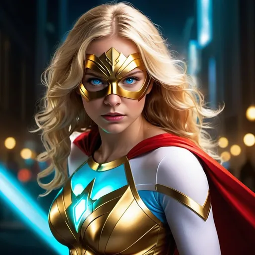 Prompt: CGI, masterpiece, woman long wavy blonde hair, light blue eyes, superhero, super-strength, fighting crime, white and gold superhero outfit with mask and cape, vivid and colorful, glowing lights and decoration, intense and dramatic lighting, ultra-detailed, focused gaze, vivid colors, atmospheric lighting, full scene