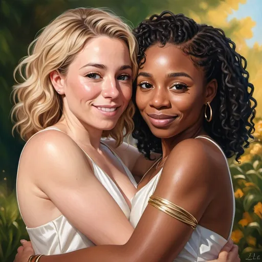 Prompt: A heartwarming, realistic portrait of a interracial lesbian couple, Sam and Leslie. Sam is white with short, wavy blonde hair. Leslie is a black woman with short curly brown hair. Both Sam and Leslie are wearing beautiful white, flowing dresses with gold bracelets.
Sam and Leslie are warmly embracing. They are both wrapping their arms around each other in a loving hug. Sam's expression is one of pure affection and love as she holds Leslie close. Leslie looks at Sam in awe and love. They are surrounded by a delicate romantic background, and gentle ribbons cascading down the sides. Hyper realistic, splash art, concept art, mid shot, intricately detailed, color depth, dramatic, 2/3 face angle, side light, colorful background