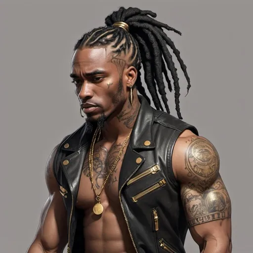 Prompt: Character design sheet Black man black dreads ponytail with gold accents, black leather vest with gold accents, muscular, tattoos