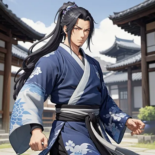 Prompt: Full body portrait. Genshin Impact, Mondstadt background. Genshin Impact Blind Japanese athletic male character, and grey eyes, with long black hair in a long ponytail, trailing behind him. He is wearing a flowy blue and silver yukata outfit and is ready to fight.