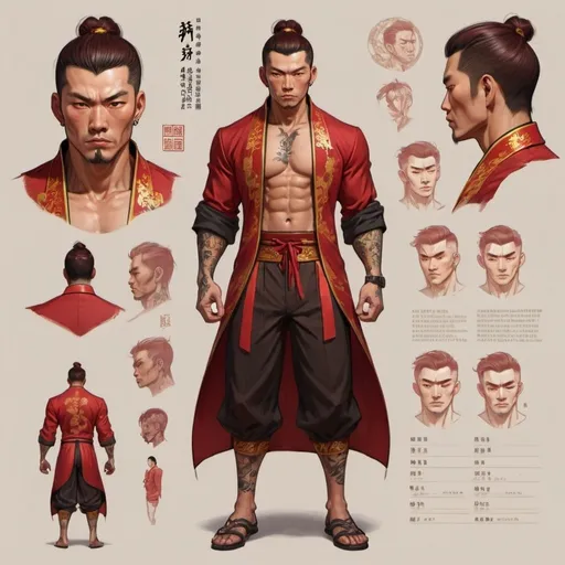 Prompt: Character design sheet Chinese man, medium length dark brown and red hair, a red Zhongshan Suit with gold accents, tattoos, muscular