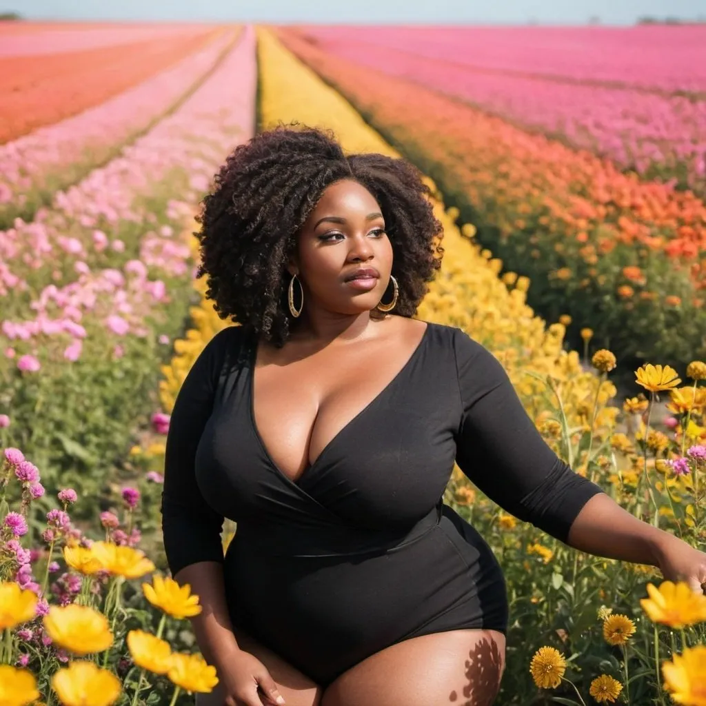 Prompt: Plus size black women in a flower field