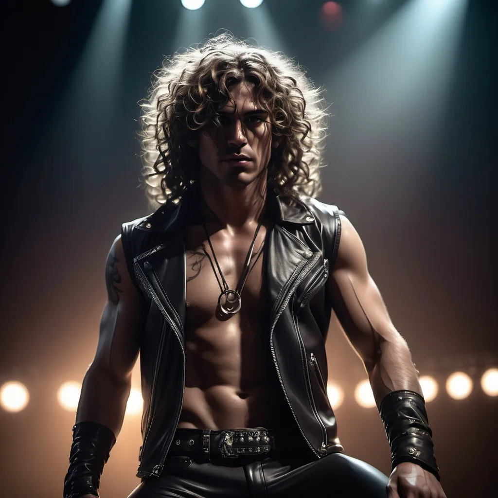 Prompt: CGI, masterpiece, man preforming on stage as a rock star, curly brown wavy hair, tan skin, broad shoulders, dark and grimy, piercings, glowing lights and decoration, intense and dramatic lighting, ultra-detailed, futuristic, rock star stage, moody, atmospheric lighting.