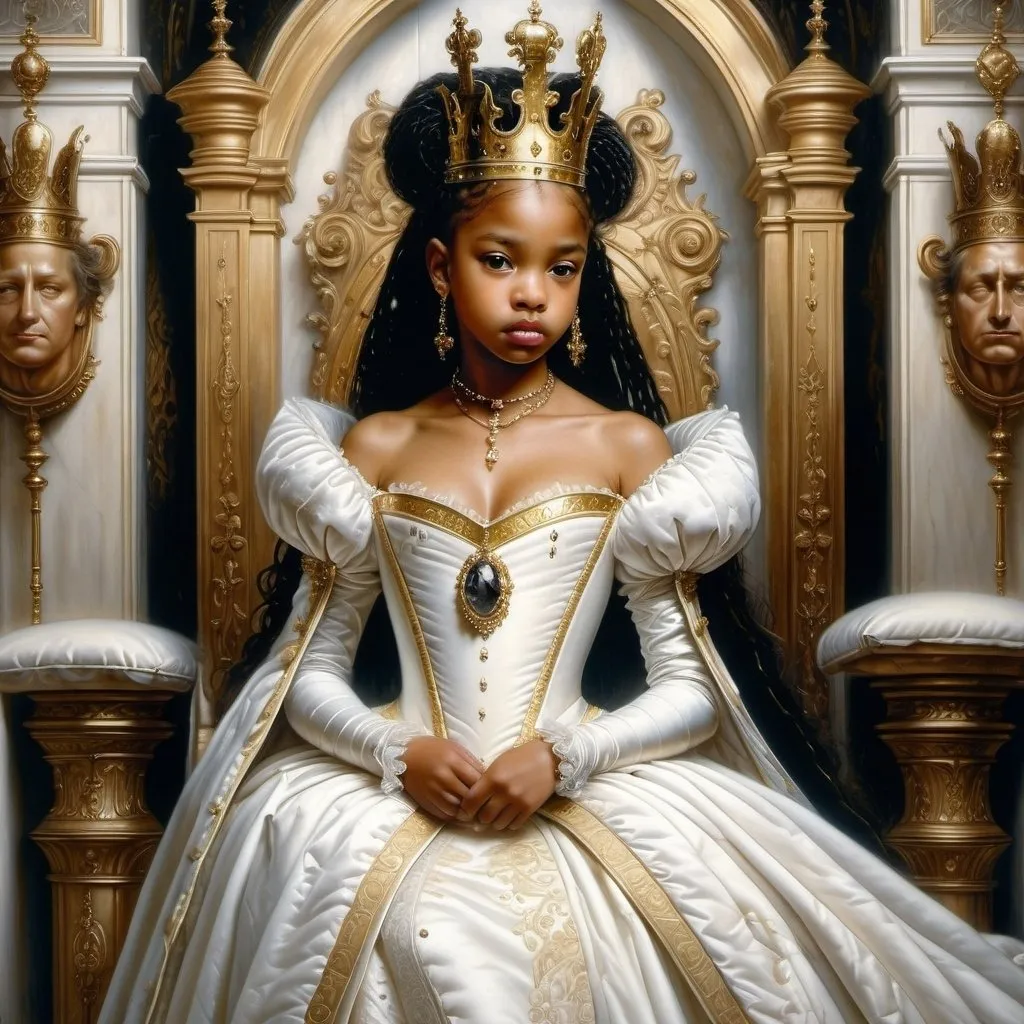 Prompt: Hyper-realistic painting by Serge Marshennikov, Luis Royo, Karol Bak:: a 10-year-old black princess, wearing a Elizabethan queenly white dress with gold trim, and a gold queen, she is walking through the Elizabethan throne room as everyone looks on in envy:: 8k resolution, incredible details, a masterpiece, photorealistic