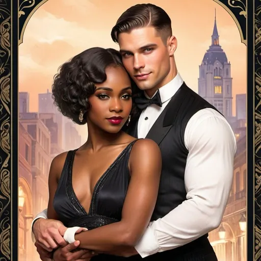 Prompt: Romance novel style book cover with a handsome man holding a gorgeous black woman, 1920s style outfits and background.