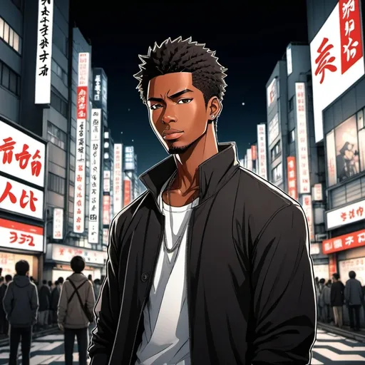 Prompt: Japanese manga, Shibuya night city background, a handsome black man, Japanese manga art style.