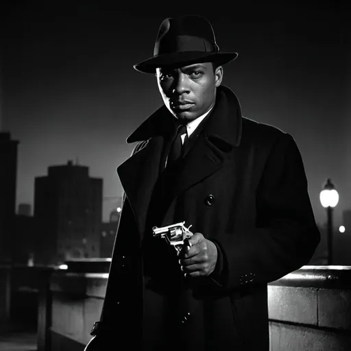 Prompt: dim, night film noir photography, black male Detective, 1950s, holding revolver, city background, black coat and hat, shadows