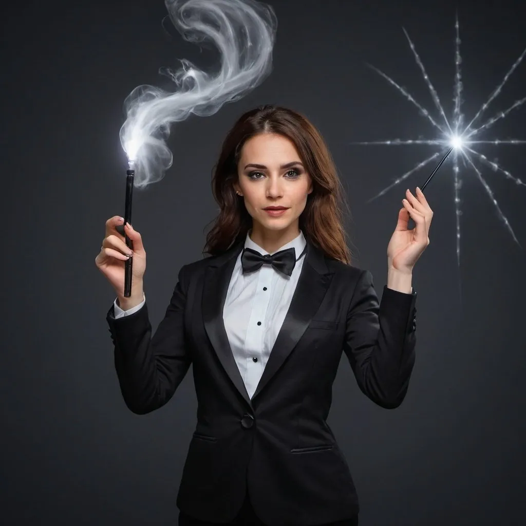 Prompt: Woman in a tuxedo casting a spell with her magic wand