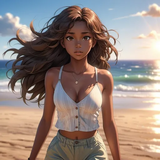 Prompt: High quality CGI anime illustration of a young black girl with long brunette hair blowing in the wind, intense light brown eyes, wearing a short summer outfit with a deep cleavage, walking on a lonely seafront, detailed hair and clothing, vibrant color tones, summer breeze, anime, realistic, detailed eyes, professional, atmospheric lighting, full body shot.