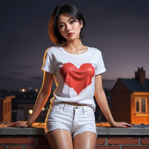 Prompt: 4k , high resolution , detailed ,fashion photography ,digital painting , dramatic ,bright colors, realism ,professional, lights on the woman , art photography, neglected rooftop, night, a woman standing near the brick wall in modeling pose,  Asian look , black hair , short hair multiple hearts painting on shirt , white jeans  portrait , legs , low angle shot ,