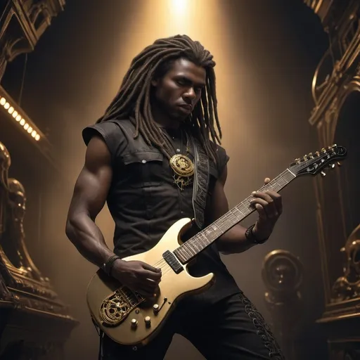 Prompt: Professional Photo, Model, gorgeous black man with long curly dark brown dreads with gold accents playing electric guitar, on a stage, smokey, backlighting, HD, sf, intricate artwork masterpiece, ominous, matte painting movie poster, golden ratio, trending on cgsociety, intricate, epic, trending on artstation, by artgerm, h. r. giger and beksinski, highly detailed, vibrant, production cinematic character render, ultra high quality model